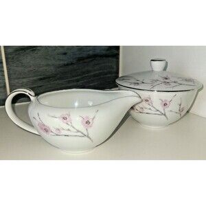 Vintage Norcrest Cream and Sugar Set Spring Blossom Japan w/ Silver Trim
